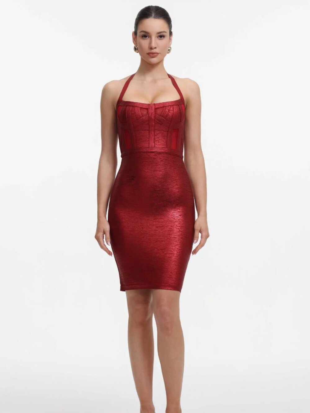 NWT Bella Barnett Halter Metallic Bandage Dress - Dark Red